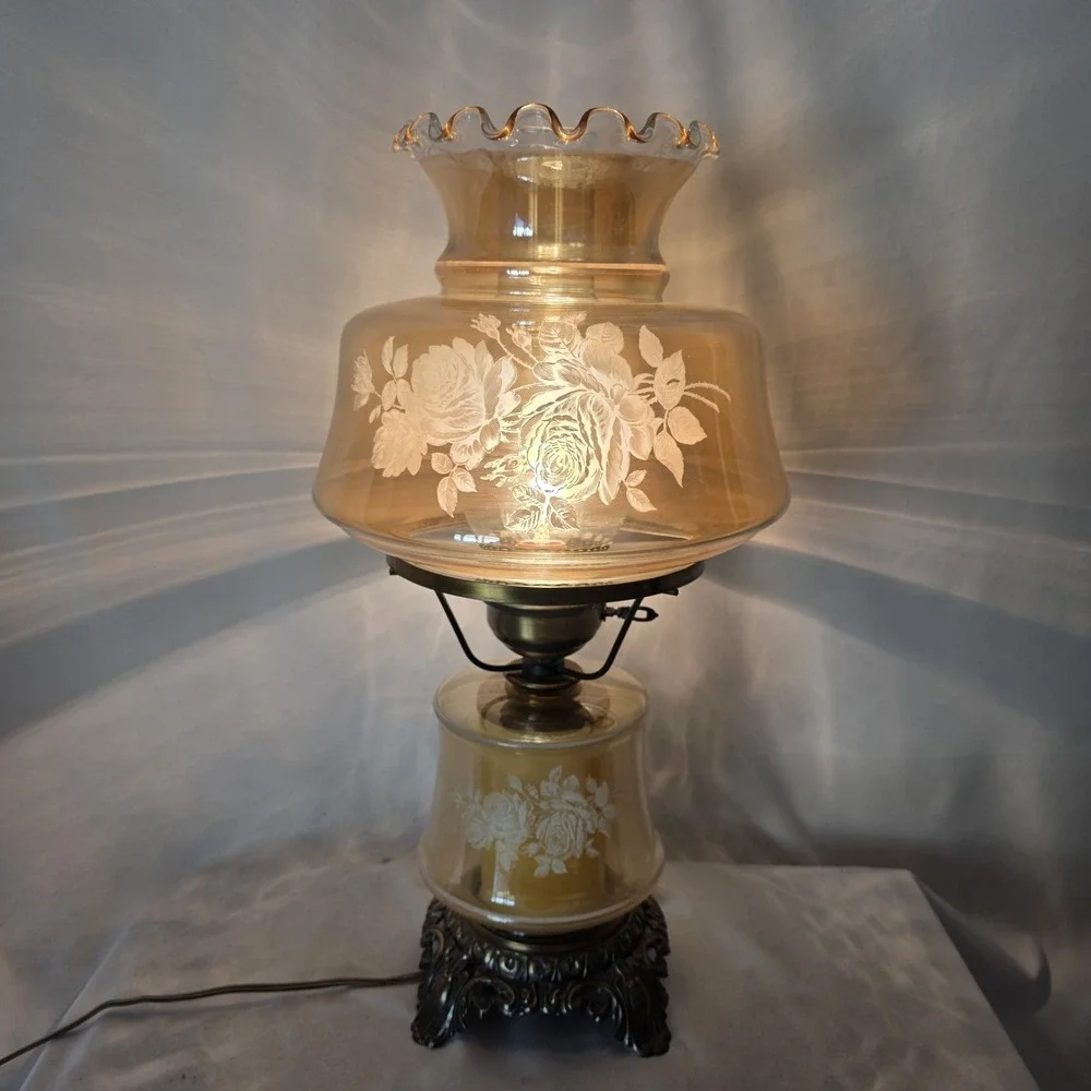 VTG Amber Marigold Luster Iridescent Glass Gone with The Wind Floral 3-Way Lamp